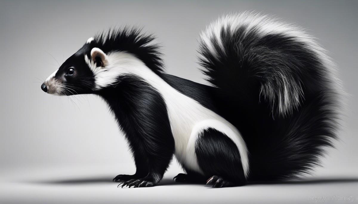 Image depicting a skunk with its distinctive black and white coat, representing the contrasts and duality of human existence.