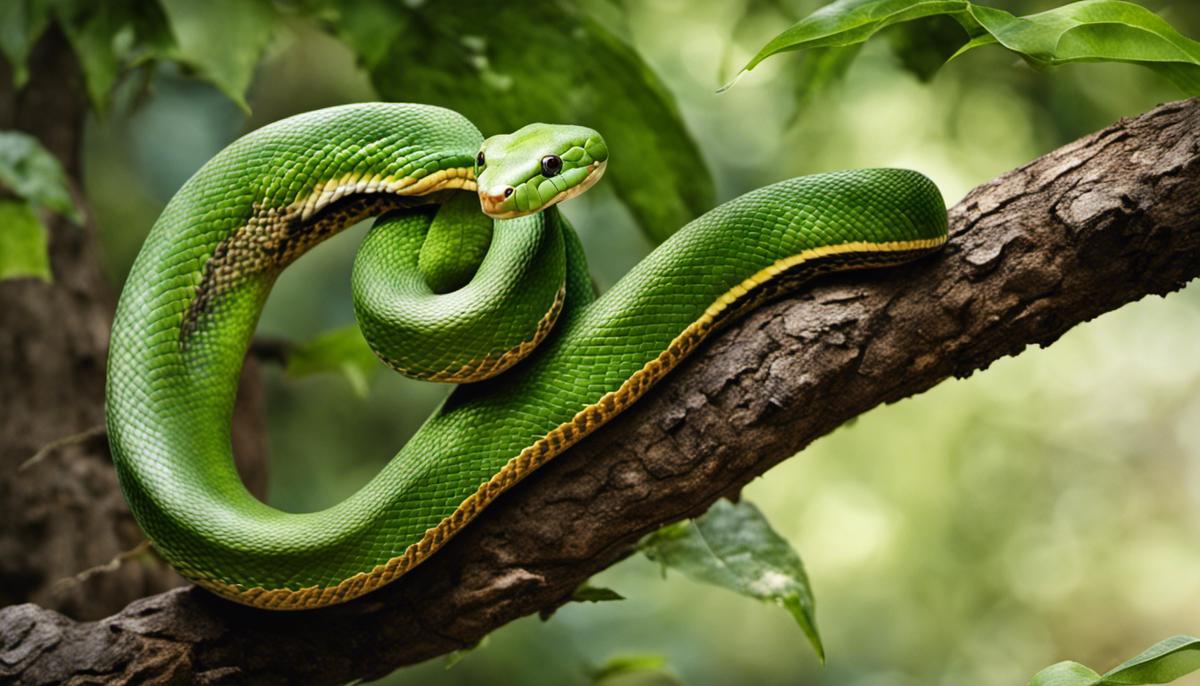 An image of a snake coiled around a tree branch, representing the duality and complexity of snake symbolism in dreams.