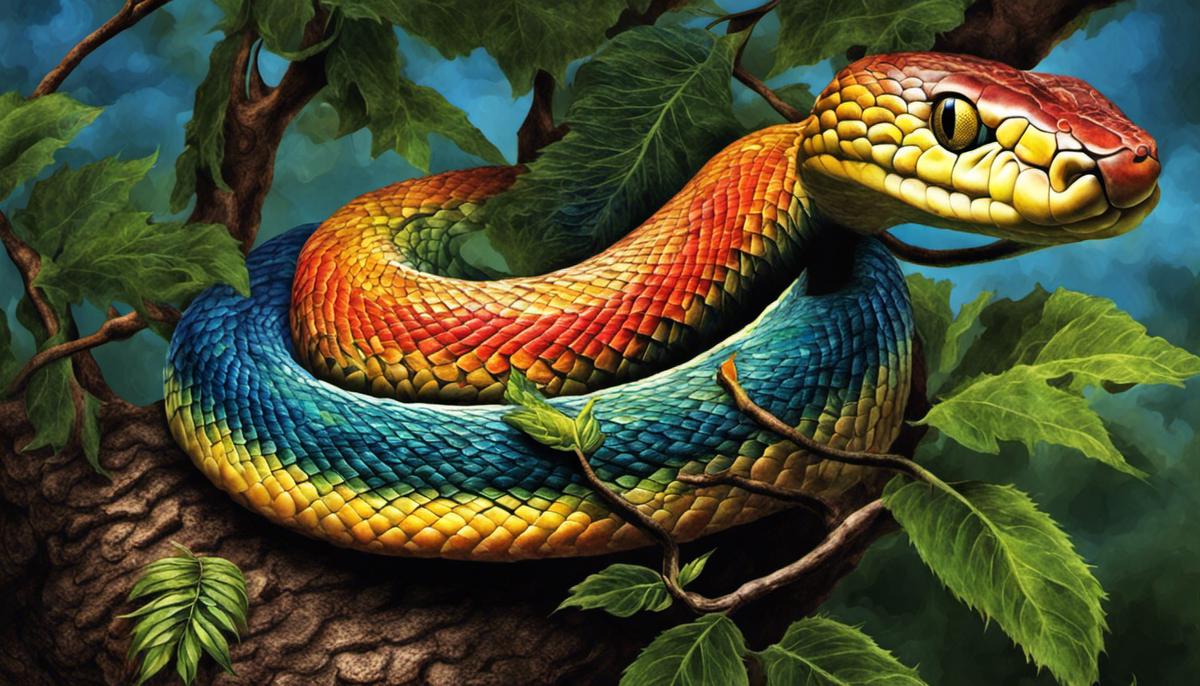 Image depicting the allure and mystery of the snake symbol in biblical dream interpretation. The image shows a snake coiled around a tree branch, with its vibrant colors and mesmerizing eyes captivates the viewer.