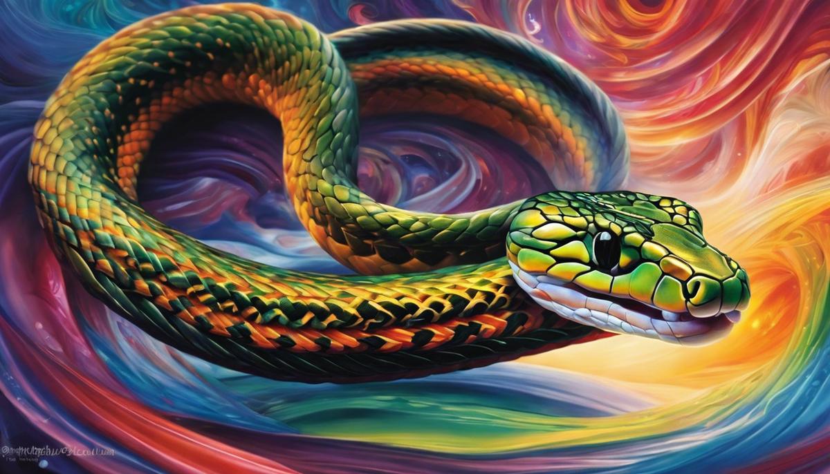 A close-up image of a coiled snake biting a hand with a backdrop of colorful dreamscape swirling with symbolism.