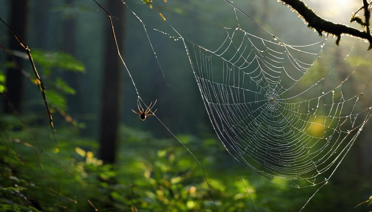 Image: Spider webs hanging on a tree branch in a forest