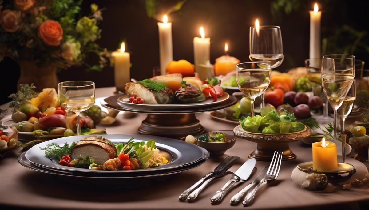 A dreamy image of a banquet table with various dishes, symbolizing the spiritual meaning of eating in dreams.