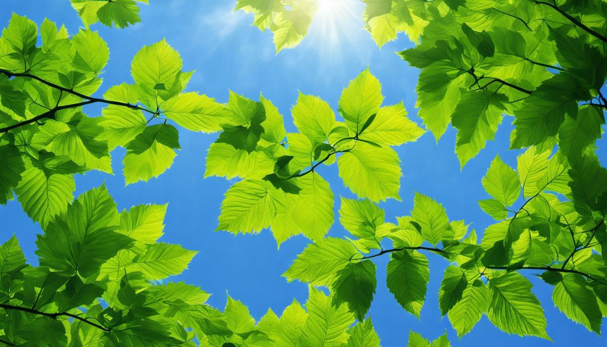 An image of vibrant green leaves against blue sky, representing the spiritual significance of the color green.