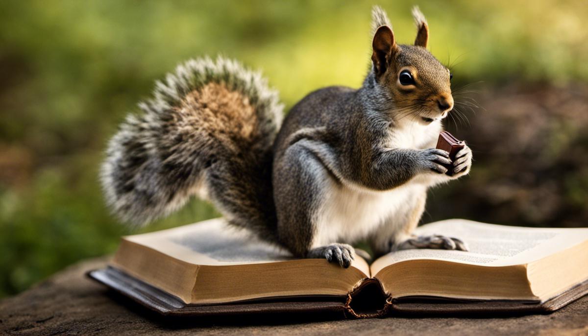 A depiction of a squirrel with a Bible in its paws, representing the historical significance of squirrels in biblical literature, portraying them as unexpected teachers in moral and ethical lessons.