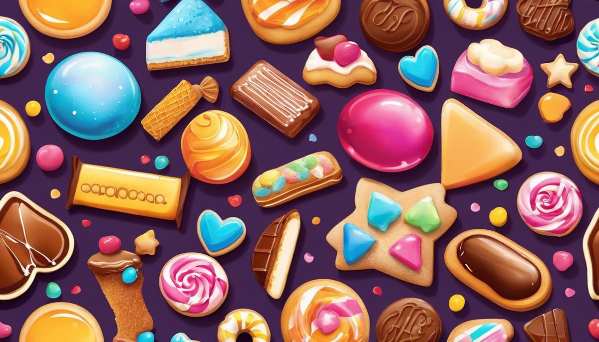 Illustration of various sugary treats like candy, chocolate, honey, and sugar cookies, representing the different forms of sugar dreams.