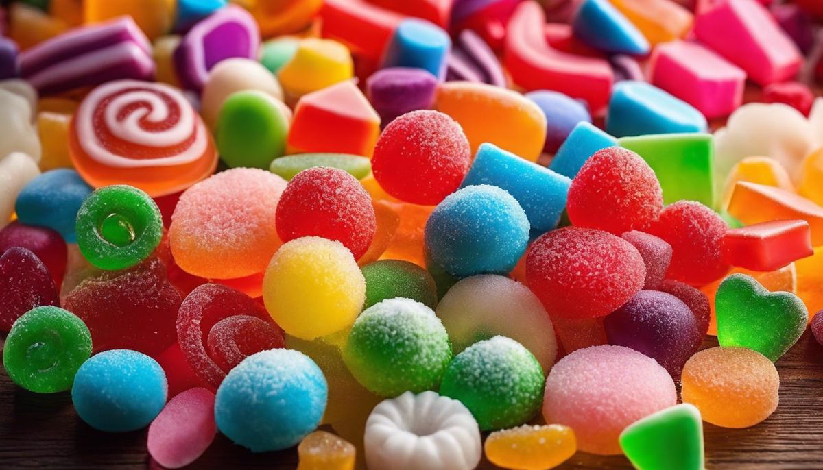 A colorful pile of sugar candies with different shapes and sizes, representing the enchanting world of sugar dreams.