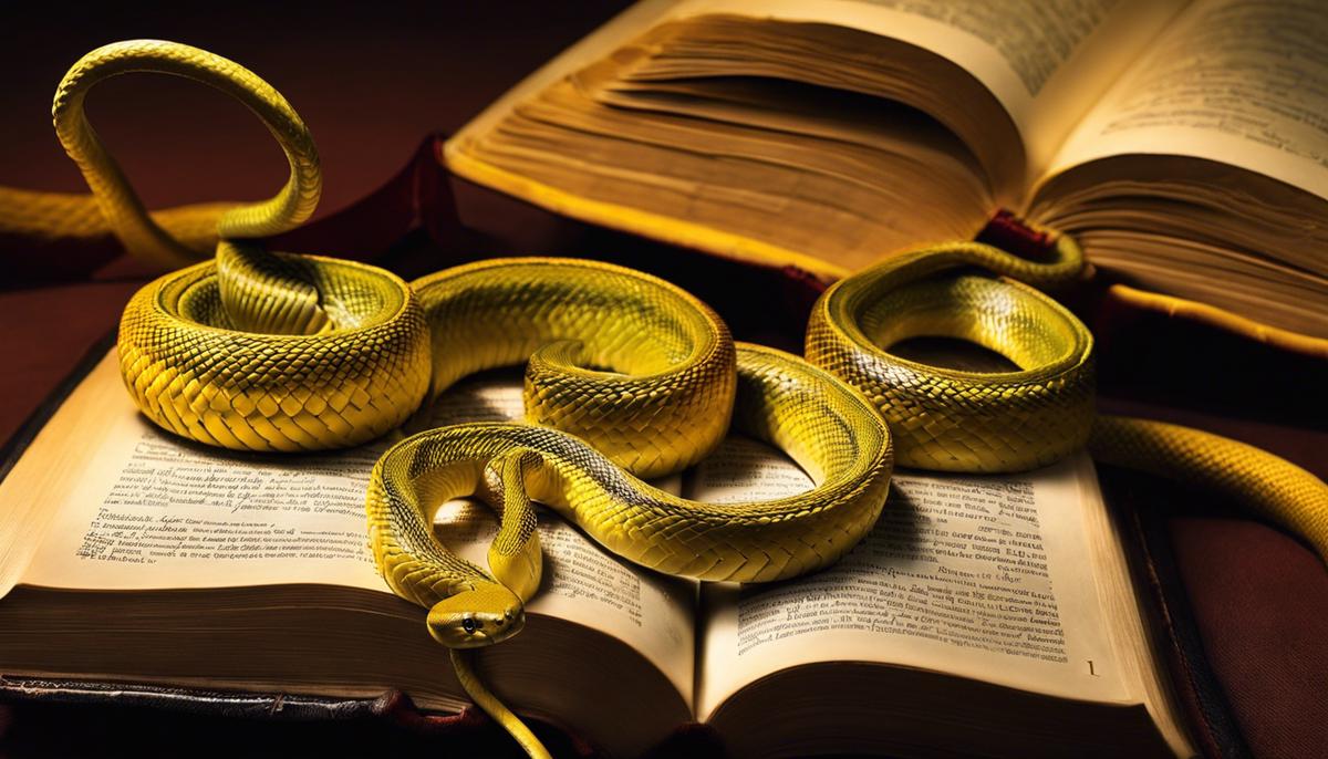 An image of a yellow snake coiled around a Bible, representing the symbolisms of the color yellow and snakes in Biblical literature.