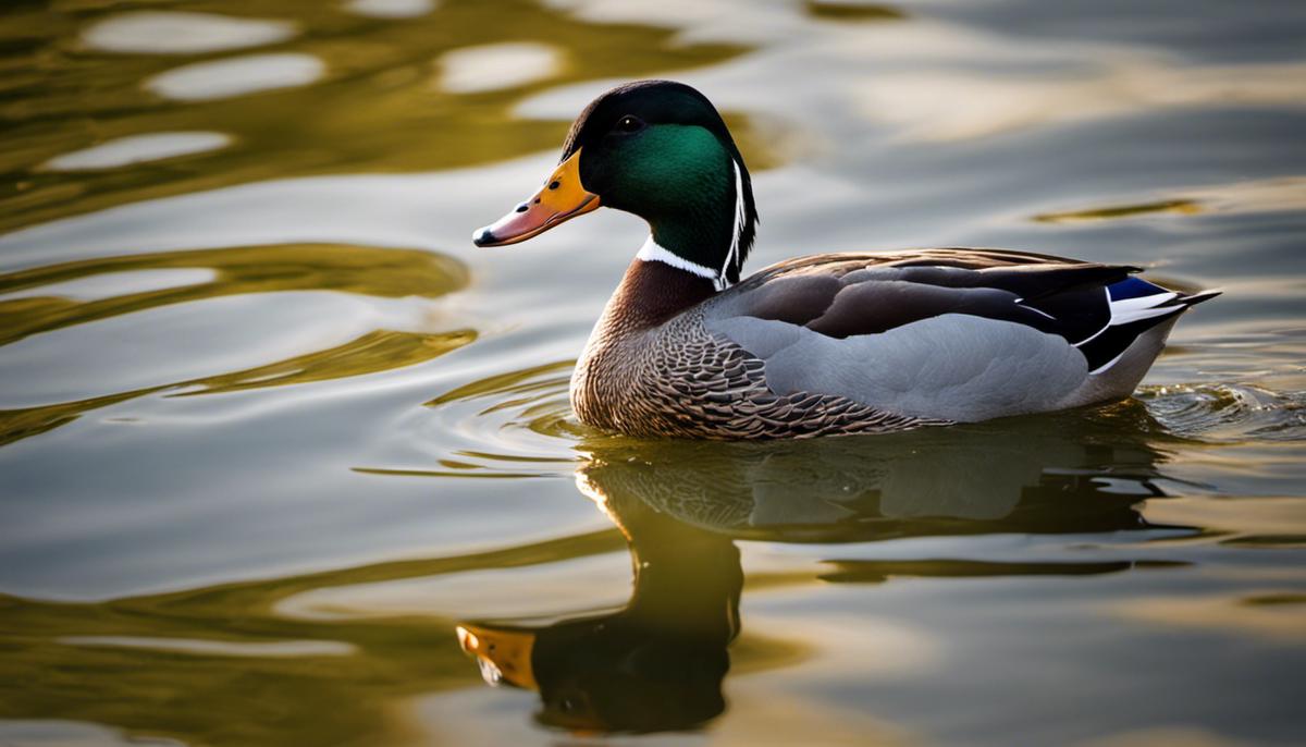 An image displaying a solitary duck floating gracefully on the water, symbolizing peace and spiritual sustenance in a dream.