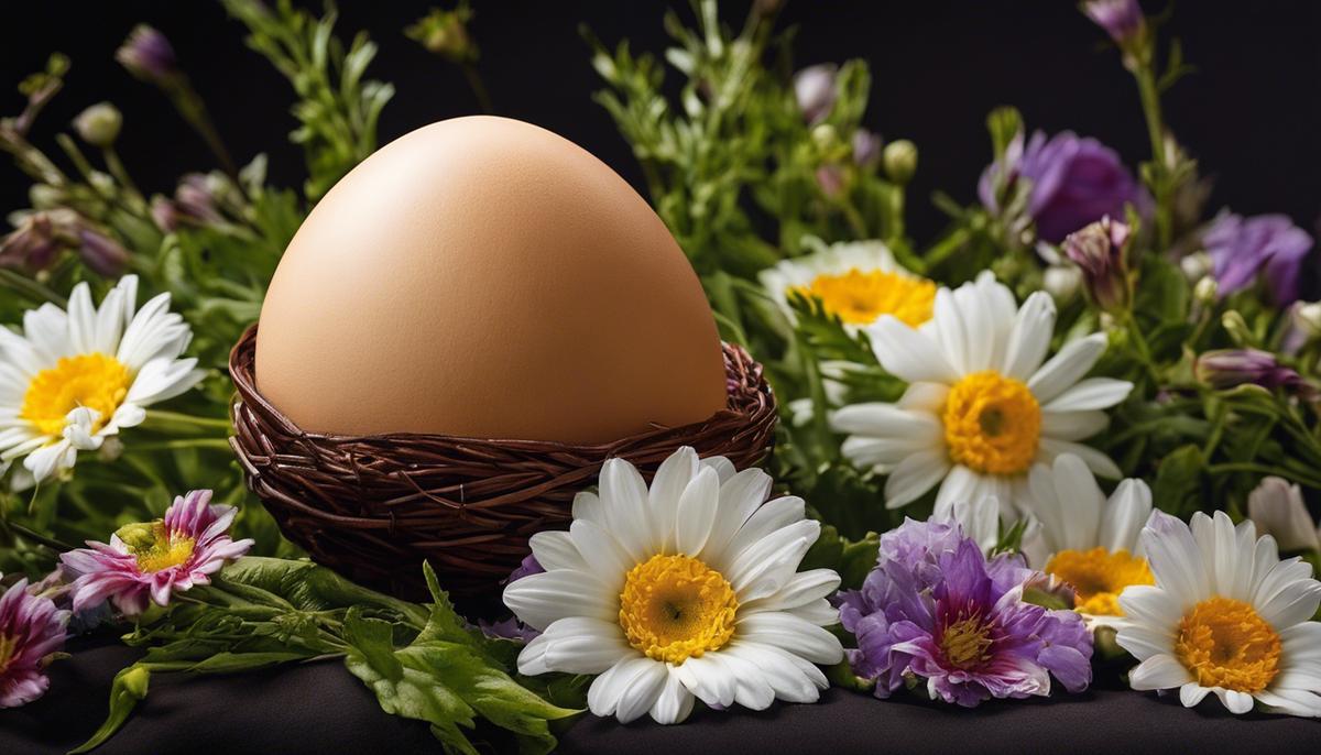 An image of an egg resting on a bed of flowers, signifying the symbolism of eggs in religious texts and the beauty of new beginnings.