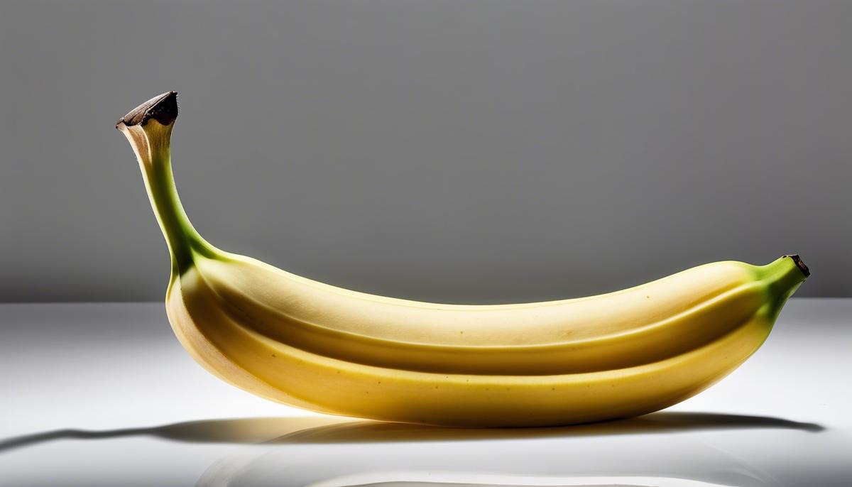 A photograph depicting a single yellow banana resting on a white background