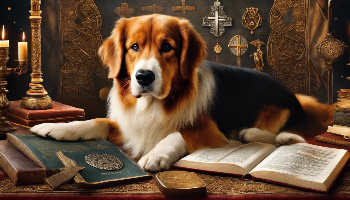 Image depicting a dog surrounded by biblical symbols, representing the symbolic significance of dogs in biblical texts.