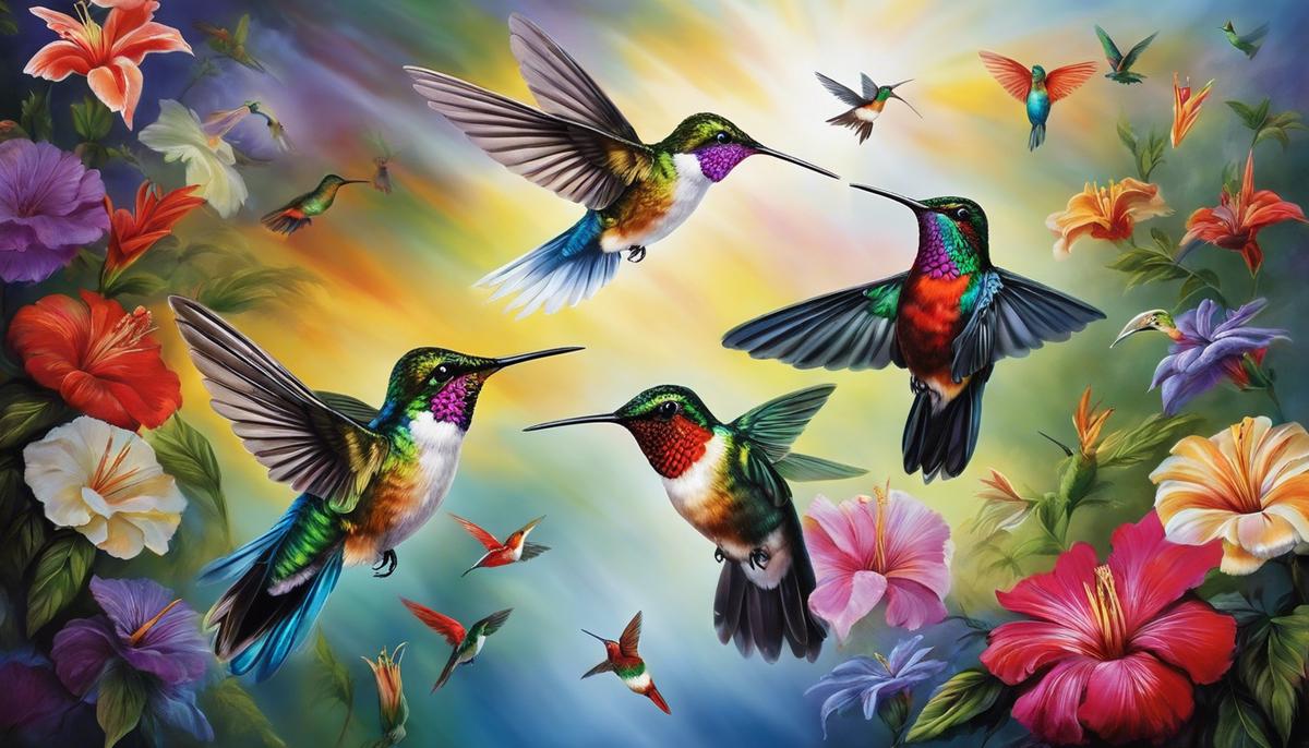 An image showing a variety of colorful hummingbirds hovering in mid-air, representing their vibrant beauty and symbolic significance in dreams.