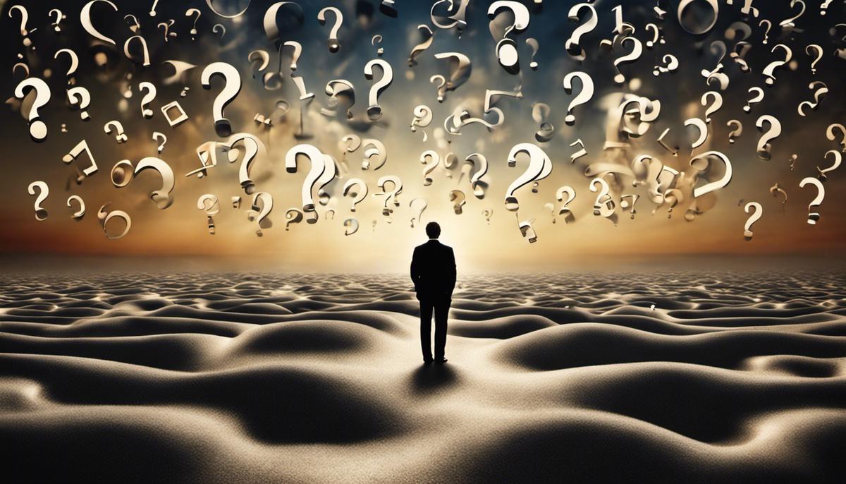 An image showing a person thinking and surrounded by question marks, representing the various interpretations and meanings of the number 2 in dreams.