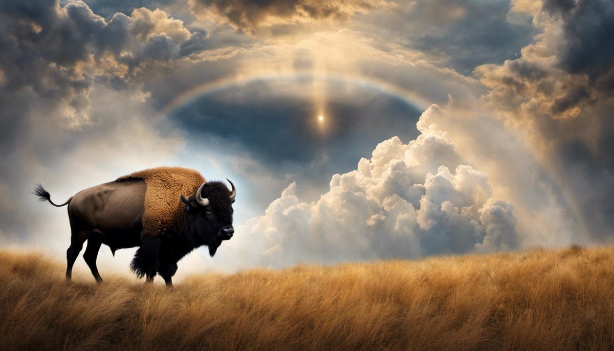 Image depicting the profound symbolism of the buffalo in biblical dream interpretation, showing a buffalo against a backdrop of dream-like clouds and symbols.