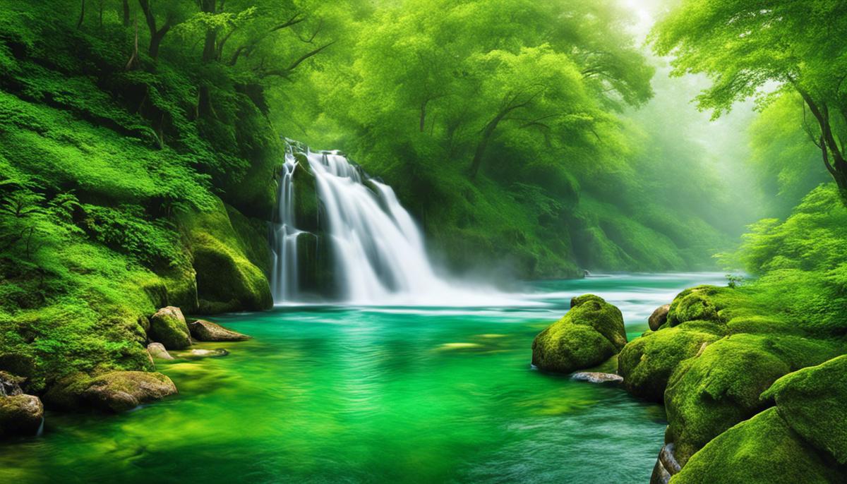 A serene image depicting lush green forests and flowing rivers, representing the symbolism of the color green in nature and renewal.