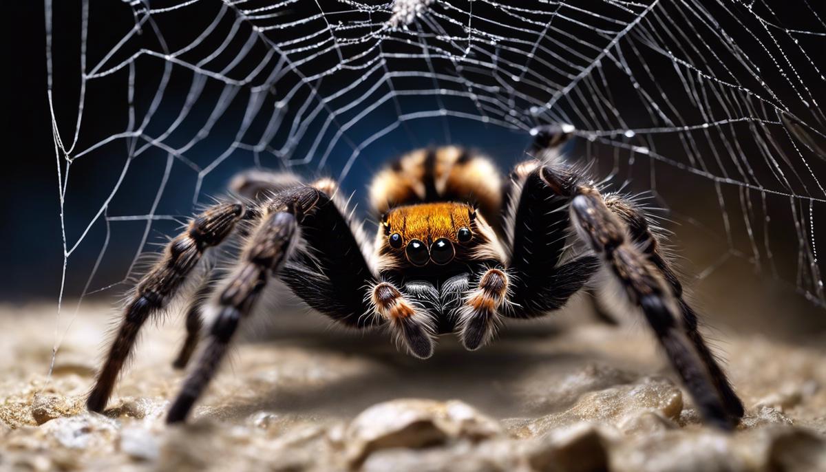 Tarantula climbing a web in a dream, representing the symbolic interpretation of tarantulas in dreams, including themes of empowerment, transformation, and cultural significance.