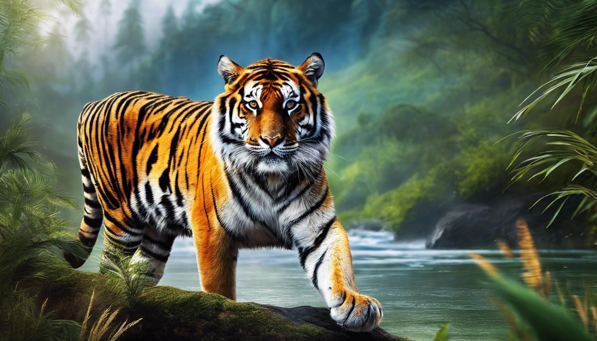 An image showing a majestic tiger in its natural habitat, representing the profound significance of tigers in various cultures and ecosystems.