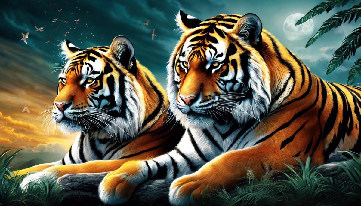Image Description: Illustration of tigers in a dream, symbolizing power and challenges.