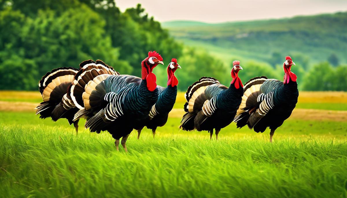 Image description: A group of turkeys standing in a green field surrounded by trees.