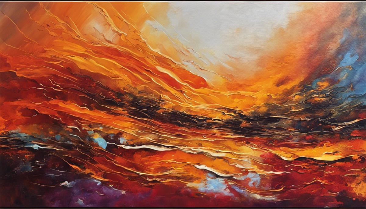 A colorful abstract painting representing the various interpretations of the color orange in dreams. The painting displays shades of orange, yellow, and red blending together harmoniously.