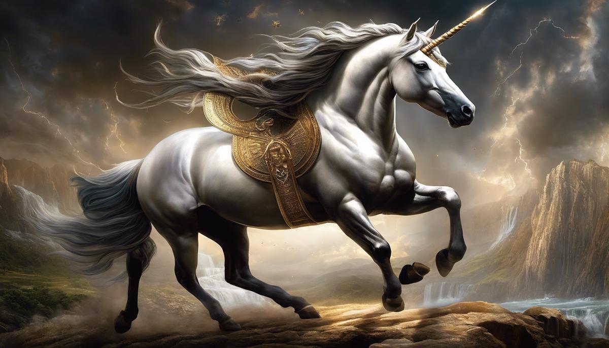 Image depicting a unicorn as a symbol of god's strength and sovereignty, surrounded by biblical scriptures.
