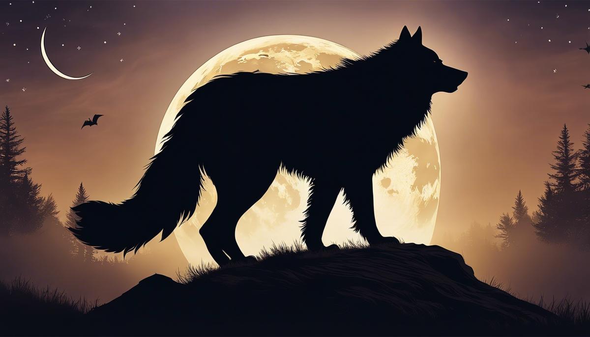 A dreamy image of a silhouette of a werewolf against the moonlit sky, representing the connection between werewolves and dream symbolism in Christianity.