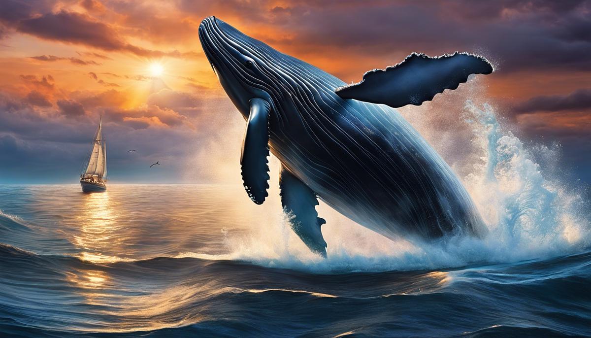 An image of a dream-like ocean scene with a whale swimming gracefully in the foreground