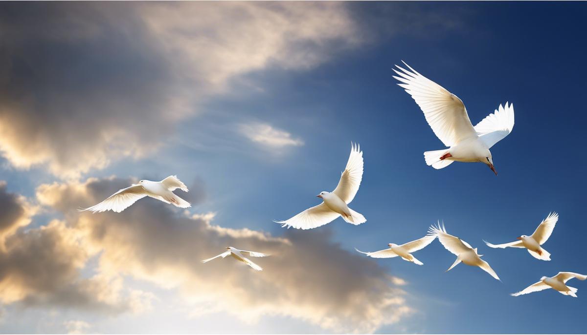 Image description: A flock of white birds soaring in the sky.