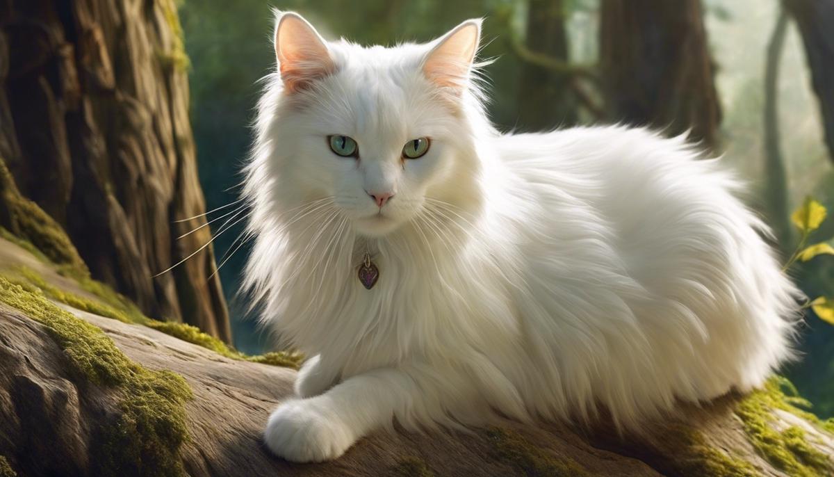 An image depicting a white cat walking gracefully in a dream-like setting.
