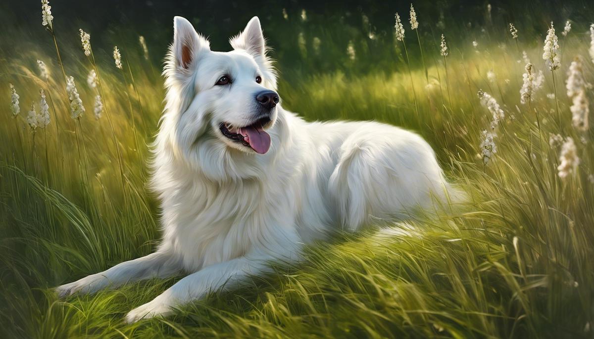 A white dog sitting on a grassy meadow, symbolizing purity and loyalty