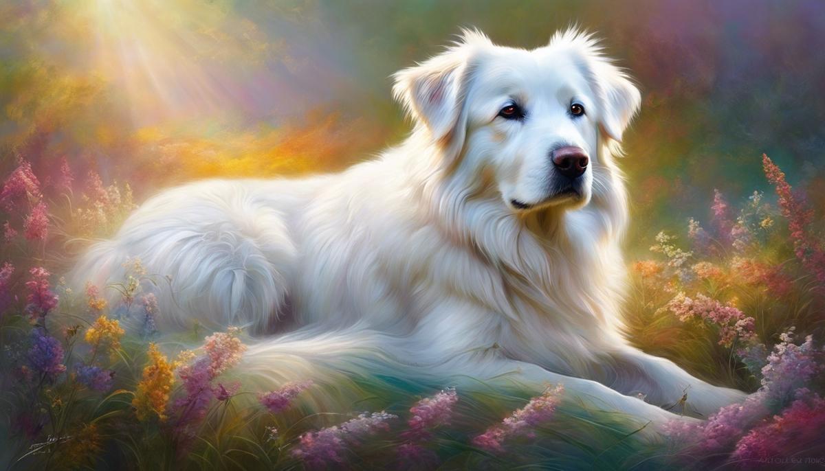 An image depicting a white dog surrounded by dreamy, ethereal colors.