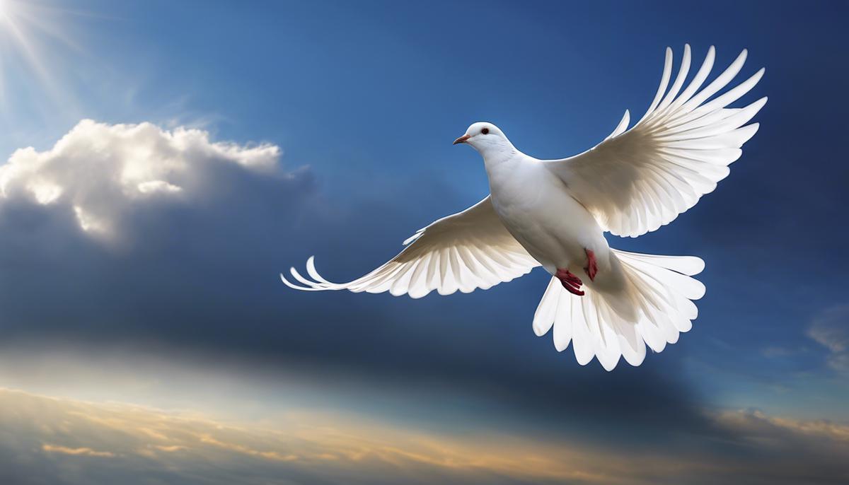 A serene white dove flying against a blue sky