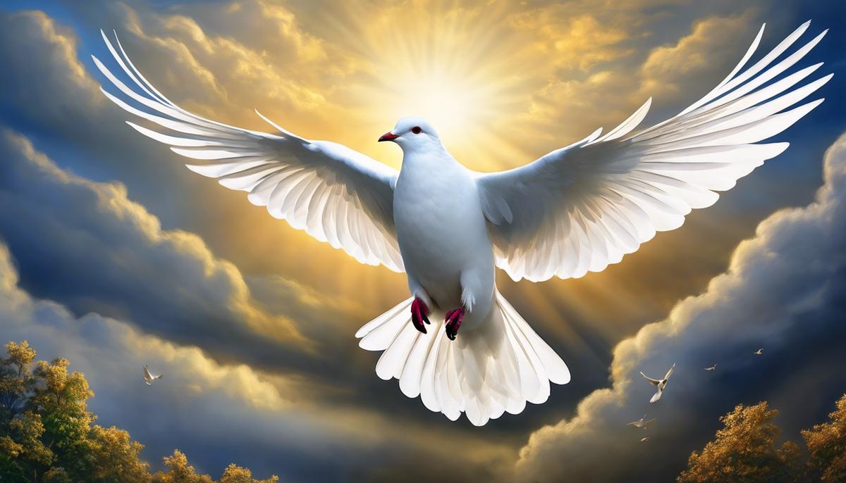 A white dove flying gracefully through the sky, symbolizing peace and spirituality.