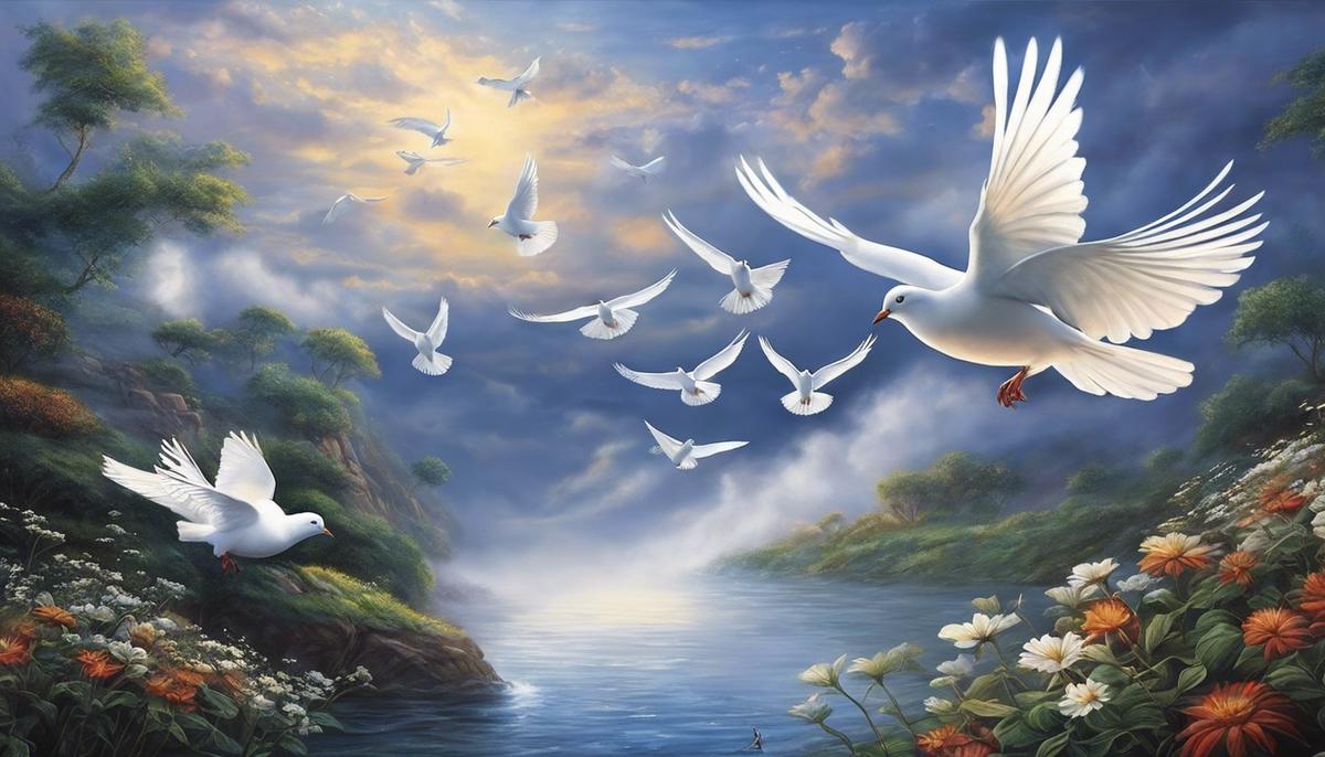 Image description: White doves flying in a dreamscape, representing peace and tranquility.