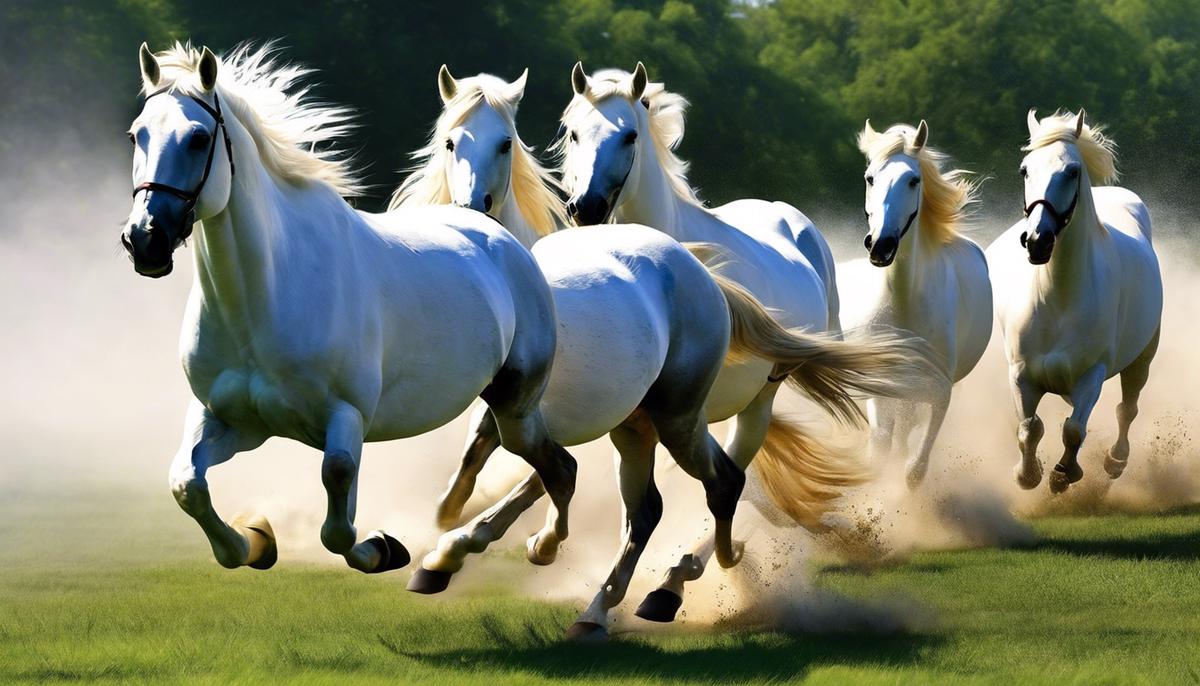 A serene image of white horses galloping across a grassy field
