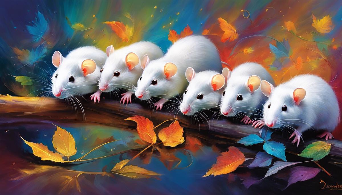 Image of white rats scattered on a colorful background, symbolizing dream interpretation and reflection.