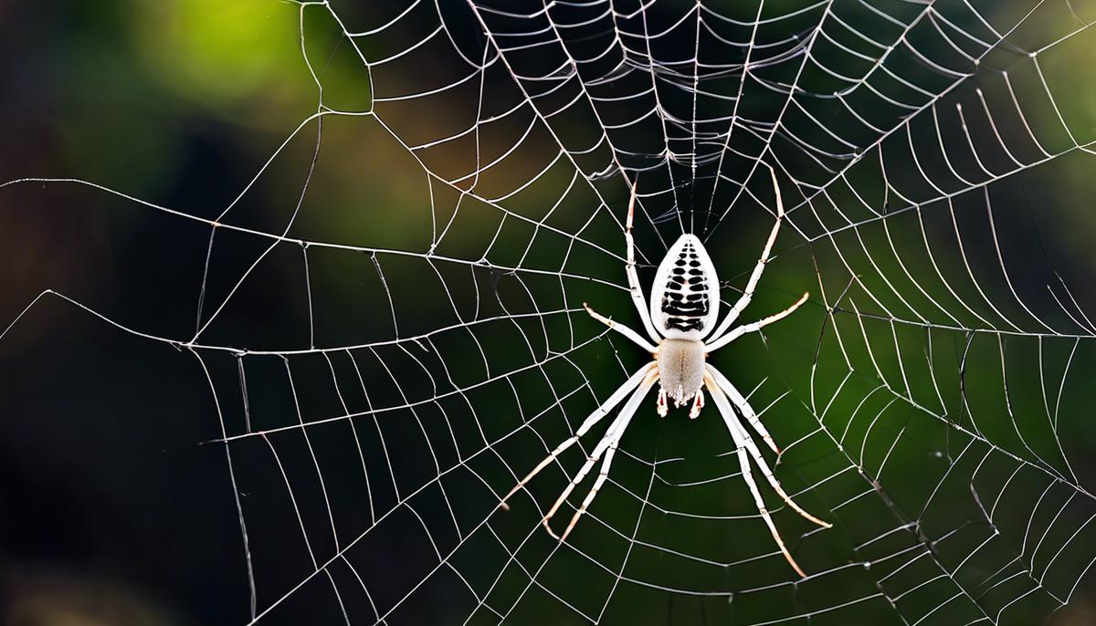 Image of a white spider crawling on a delicate web in a dreamlike setting