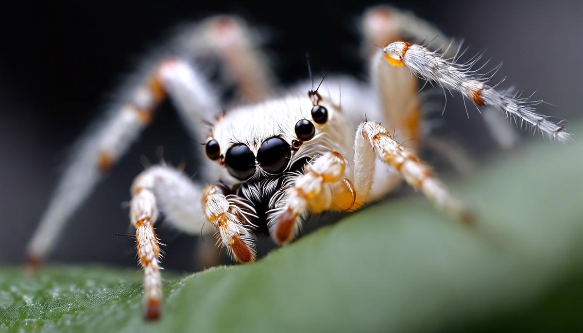 A close-up image of a white spider against a dark background.