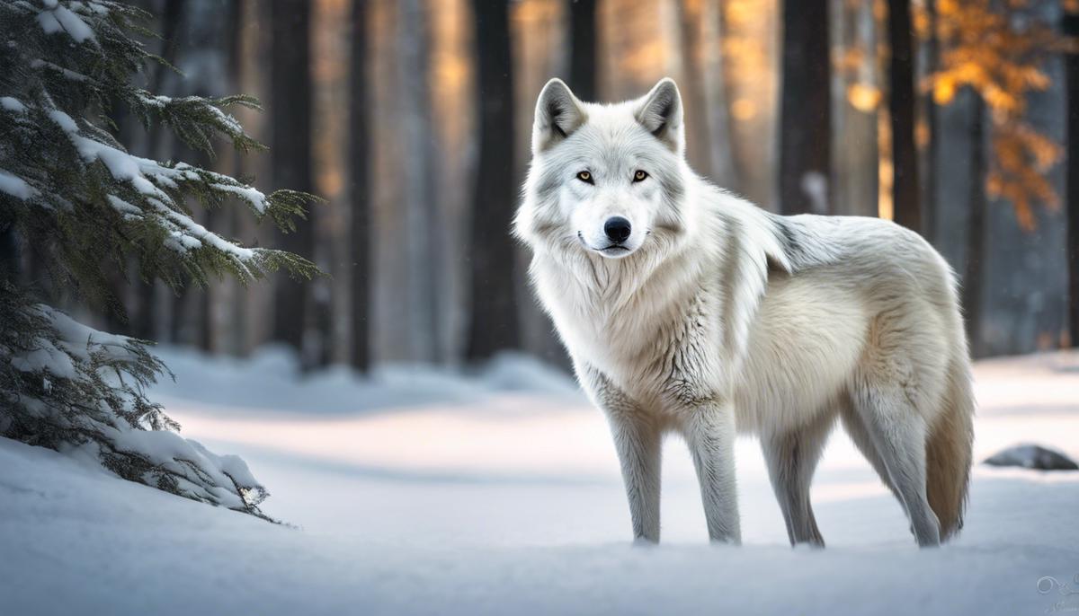 An image of a white wolf standing in a forest, symbolizing the profound significance of the white wolf's appearance in dreams.