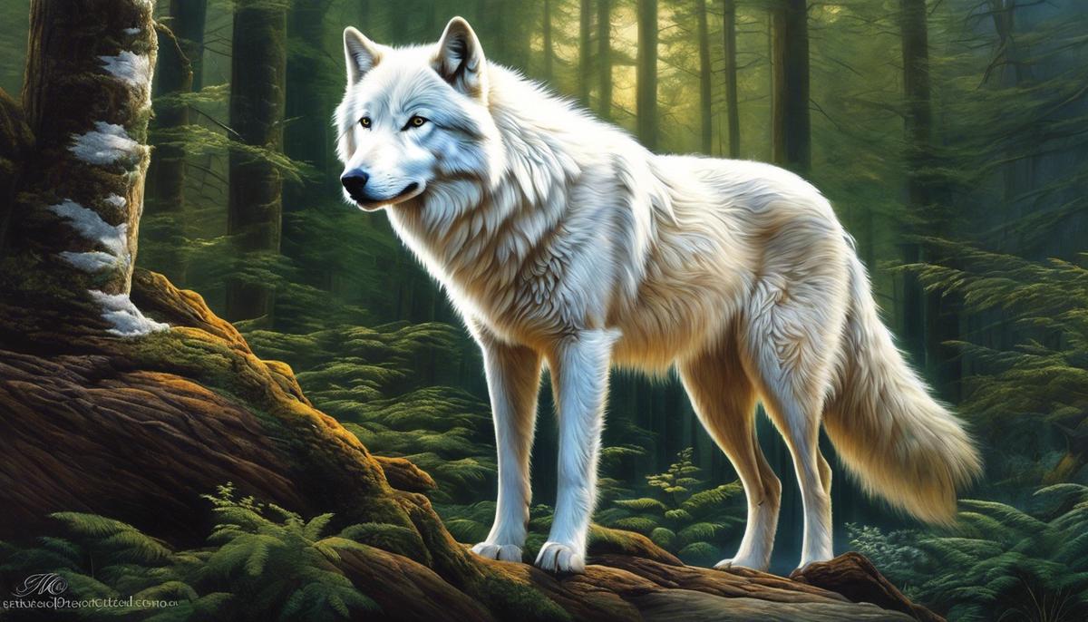 A majestic white wolf in a forest, symbolizing wisdom, guidance, and protection.