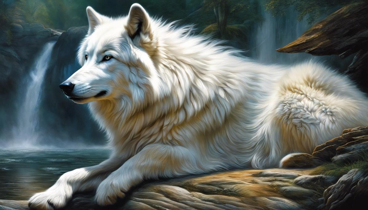 An image depicting a white wolf in a dream, representing the confluence of raw emotion, purity, and spirituality.