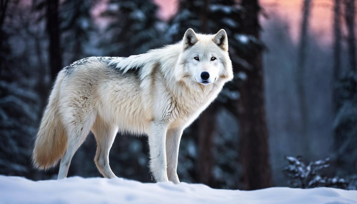 Image description: A white wolf standing alone in a snowy forest at twilight.