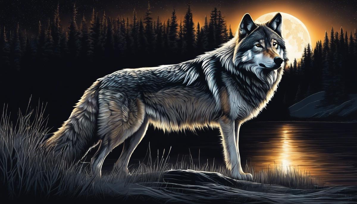 Illustration of a lone wolf in the night, symbolizing the fear and vulnerability associated with wolf attack dreams.