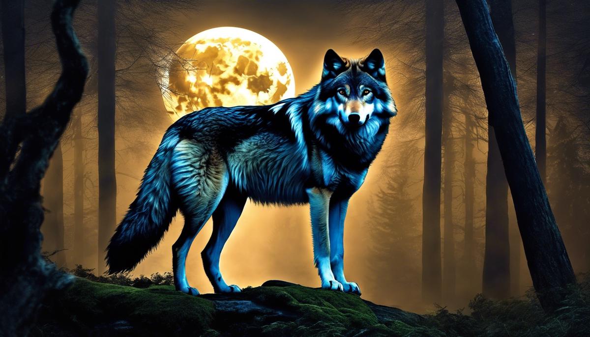 Image of a wolf staring into a moonlit forest, symbolizing the mysterious and captivating nature of wolf dreams.