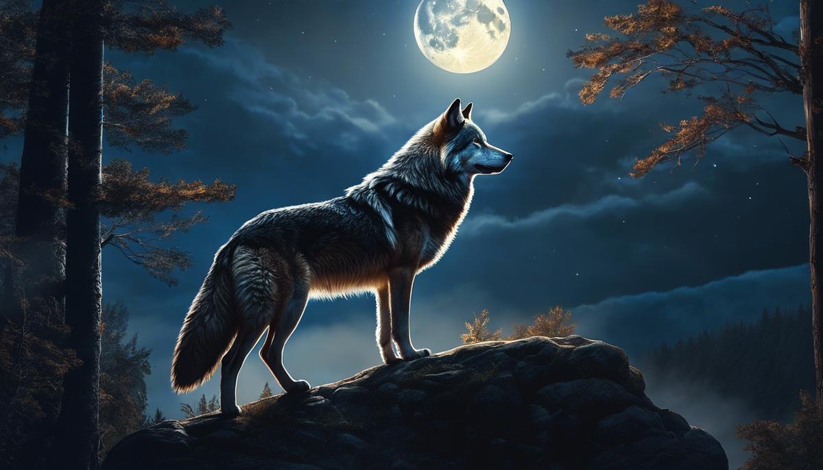 Image depicting a wolf standing on a cliff overlooking a moonlit forest