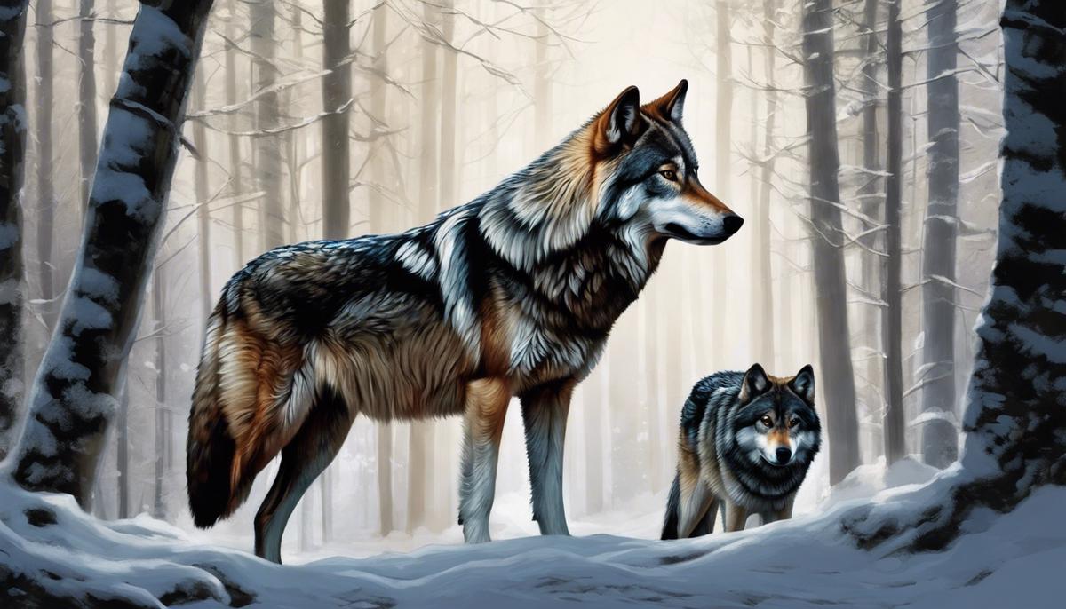 Image description: An illustration of two wolves standing together in a forest, representing the symbolism of wolves and their various interpretations.