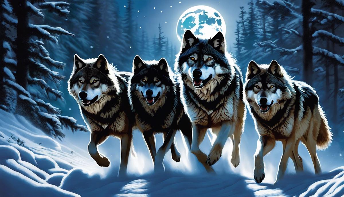An image of a pack of wolves running through a moonlit forest, symbolizing the symbolic meanings of being attacked by wolves in dreams.