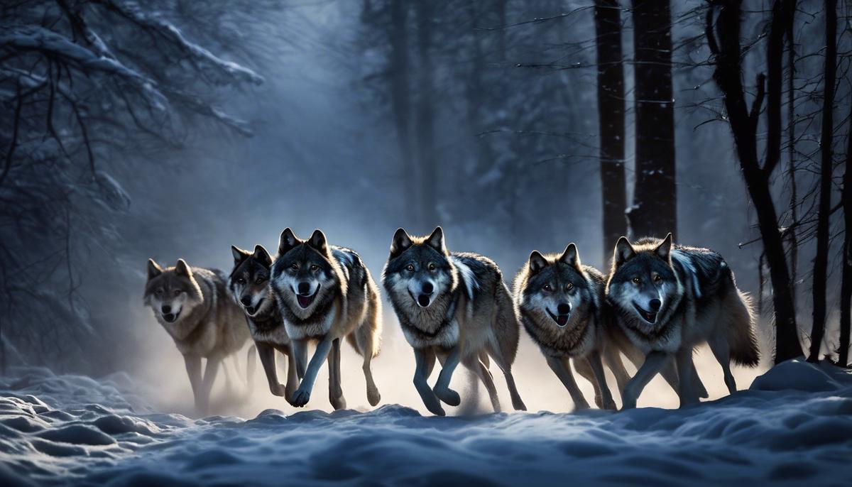 Image of a pack of wolves running through a forest at night, representing the enigmatic presence of wolves in dreams.