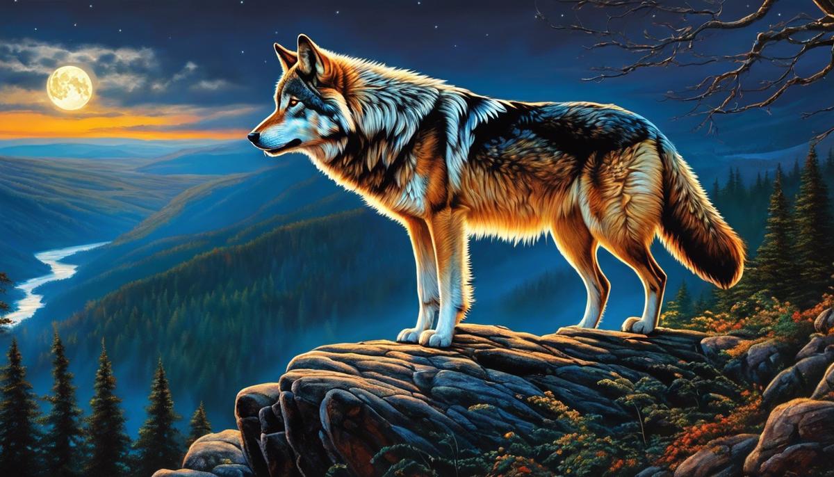 A vivid image of a wolf standing on a cliff, under the full moon, howling into the night, invoking a sense of mystery and connection with nature.
