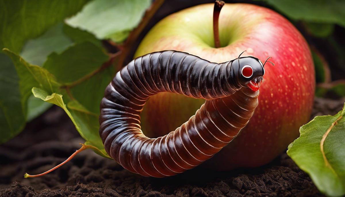 An image of a worm emerging from an apple, illustrating the concept of biblical symbolism and its connection to worms in dreams.